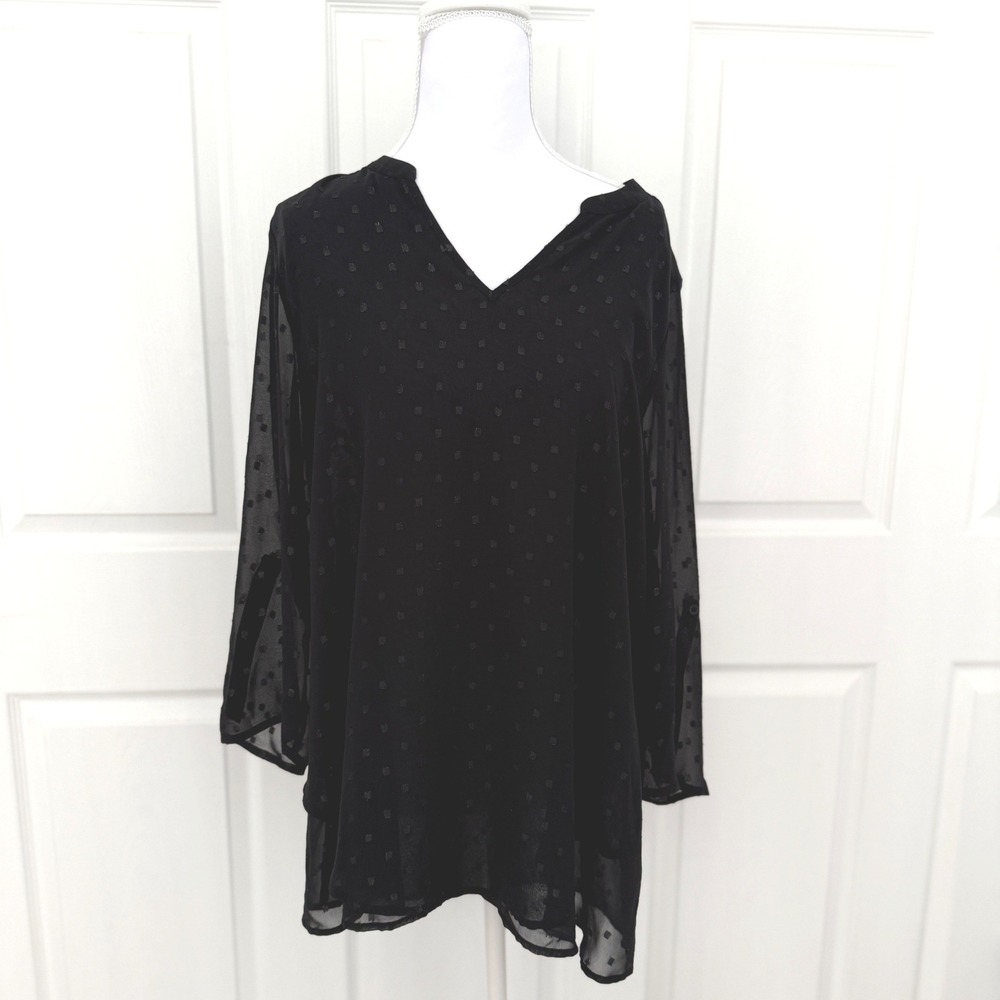 Maurices Blouse Womens Medium Black Clip Dot V-Neck High-Low Sheer Lined Top‎